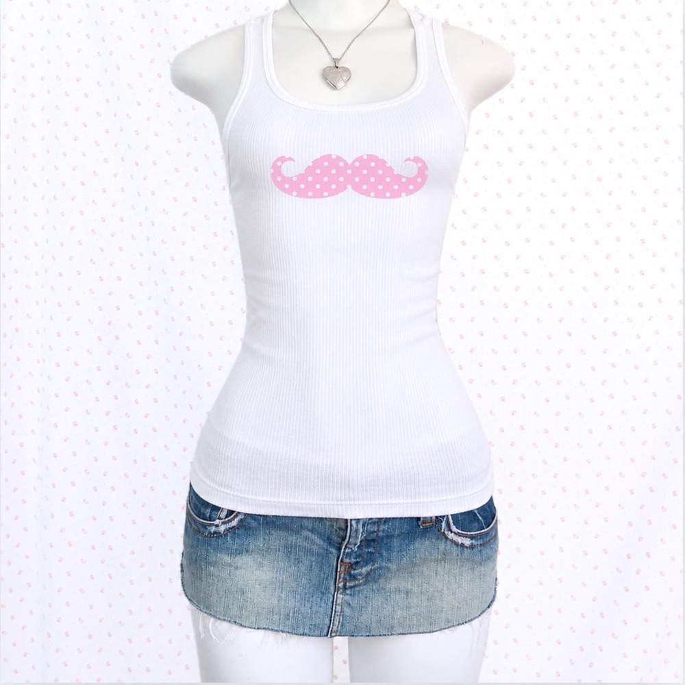 y2k pink polka dot mustache graphic white ribbed tank top